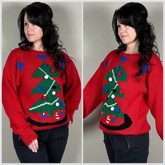 Vintage 1980s Red Christmas Tree 3D Graphic Holiday Sweater - Picture 3 of 8